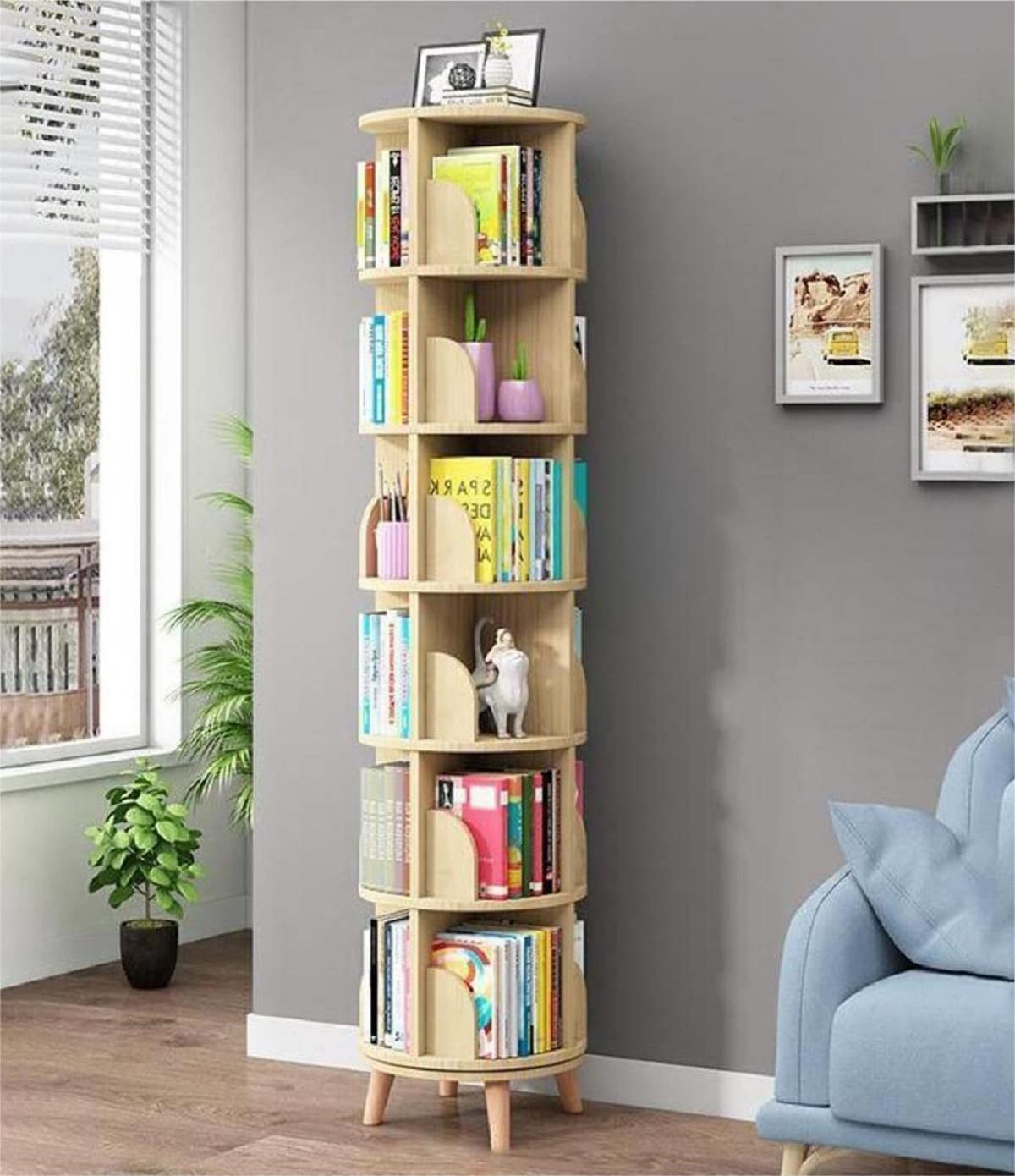 Gdrasuya10 360° Rotating Tall Bookshelf - 6 Tier Solid Wood Bookcase Organizer for Any Room Gdrasuya10