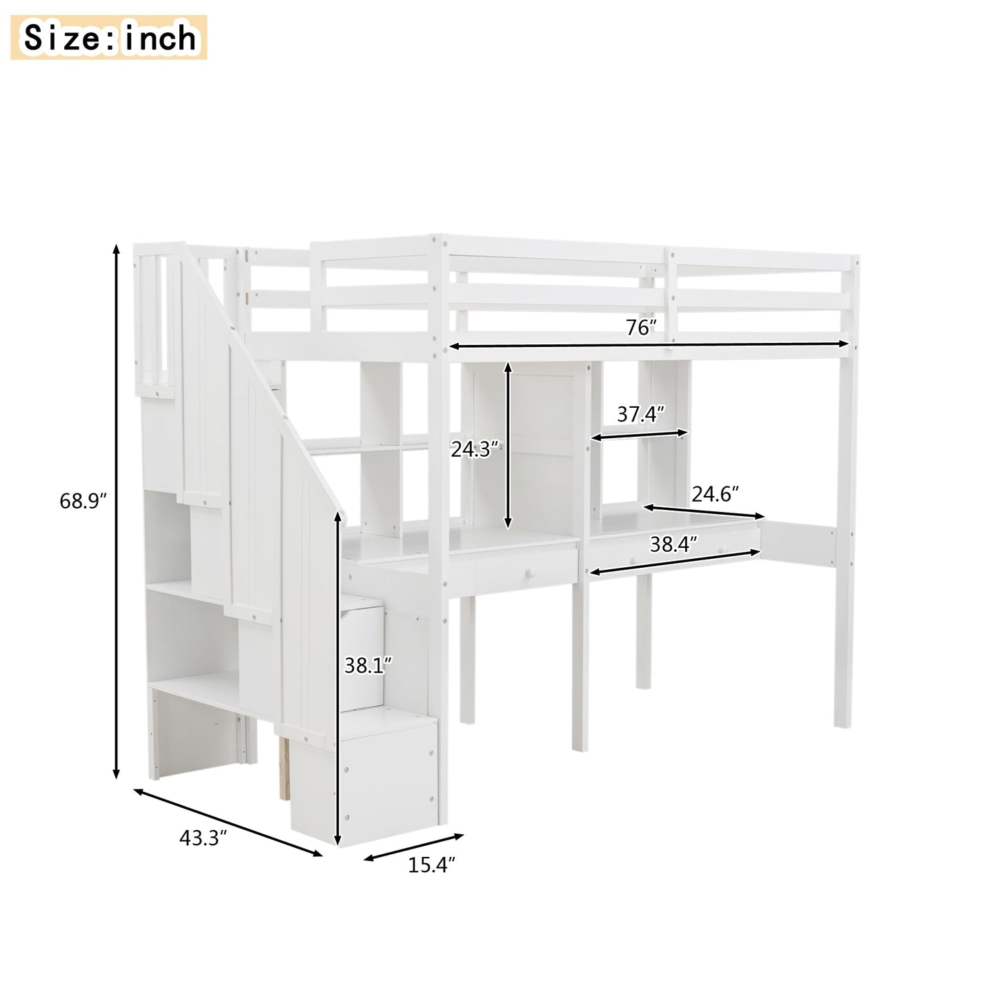 Harper & Bright Designs Twin Loft Bed with Stairs and Double Desks in White - Versatile Storage Solution for Kids - WoodArtSupply