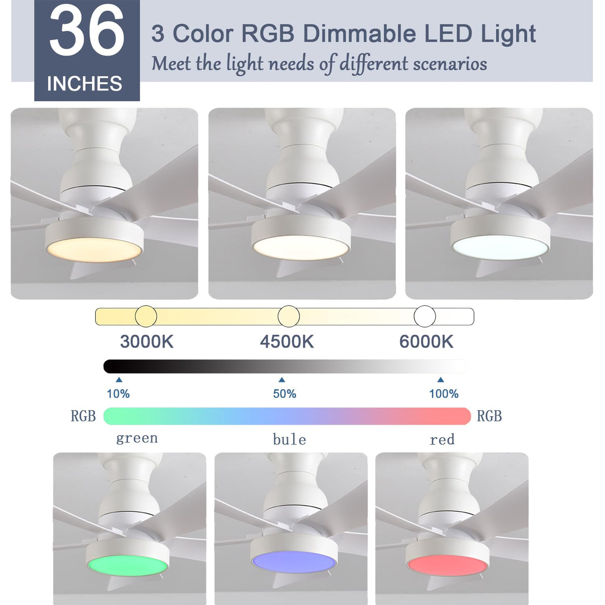 NKPU 36inch Ceiling Fans with Lights and Remote/App Control, Flush Mount Ceiling Fan with Reversible Dc Motor RGB Dimmable Light, Noiseless White Modern Small Ceiling Fan for Bedroom Indoor/Outdoor NKPU