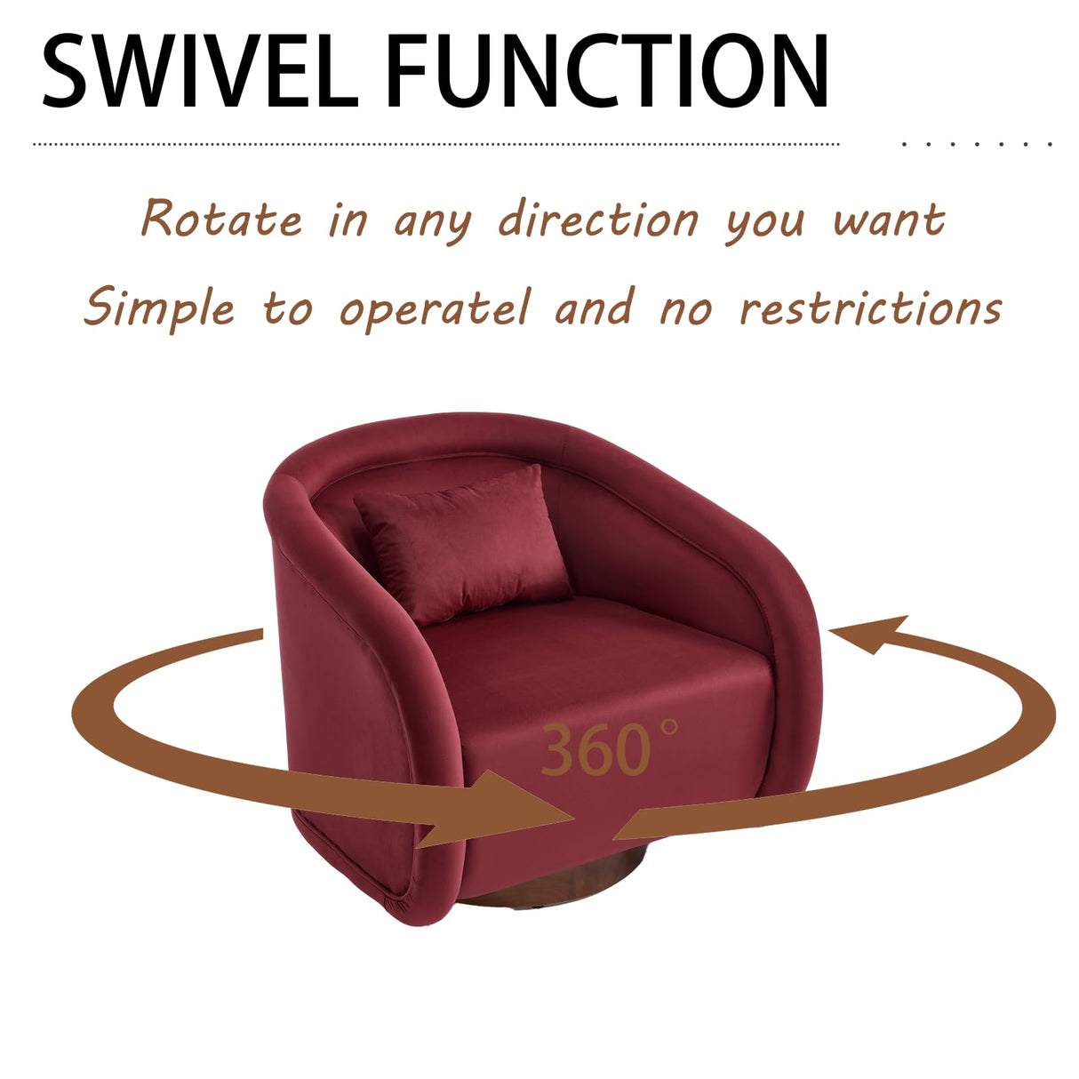 WAIRGUD 360 Degree Swivel Barrel Chair, Comfy Upholstered Accent Chair Modern Velvet Fabric Swivel Chair Pumpkin-Shaped Arm Chair for Living Room Bedroom Apartment Office (Wine Red) WAIRGUD