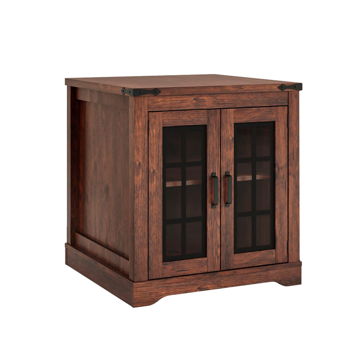 Fameill Farmhouse End Table with LED Lights,Sofa Side Table with Glass Barn Door,Wood Square Nightstand Bedside Table for Living Room,Bedroom,24" Large with Adjustable Storage Shelf,Brown Fameill