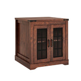 Fameill Farmhouse End Table with LED Lights,Sofa Side Table with Glass Barn Door,Wood Square Nightstand Bedside Table for Living Room,Bedroom,24" Large with Adjustable Storage Shelf,Brown Fameill