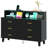 UNIQUITE 6 Drawers Dresser with LED Light and Power Outlet, Wood Dressers for Bedroom & Chests of Drawers, Large Double Dressers for Bedroom, Living Room, Entryway, Hallway (Black) UNIQUITE