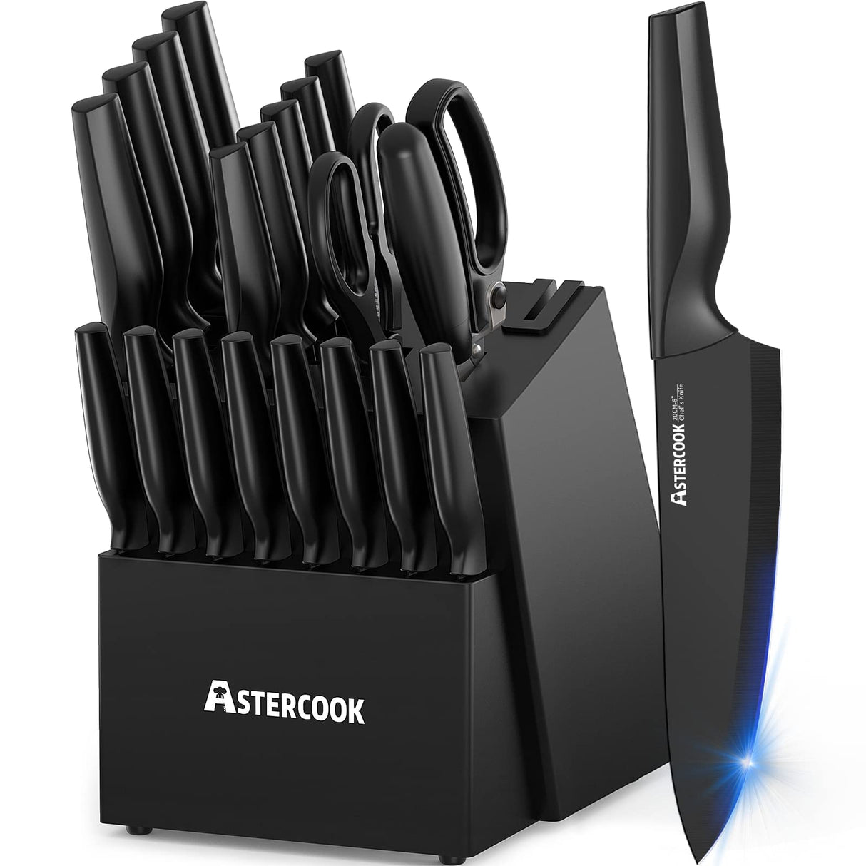 Knife Set, Astercook 21 Pieces Knife Sets for Kitchen with Block, Dishwasher Safe Kitchen Knife Set with Built-in Sharpener, German Stainless Steel Black Knife Block Set Astercook