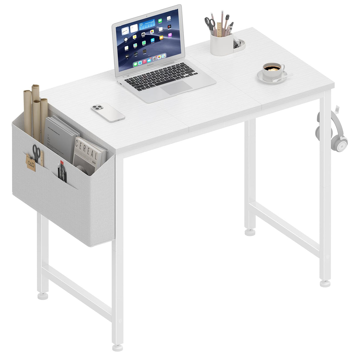 Lufeiya Small White Desk for Small Spaces, 32 Inch Kids Girls Study Writing Desks for Bedroom, Simple Modern Laptop PC Little Side Table with Storage Bag Headphone Hook, White Lufeiya
