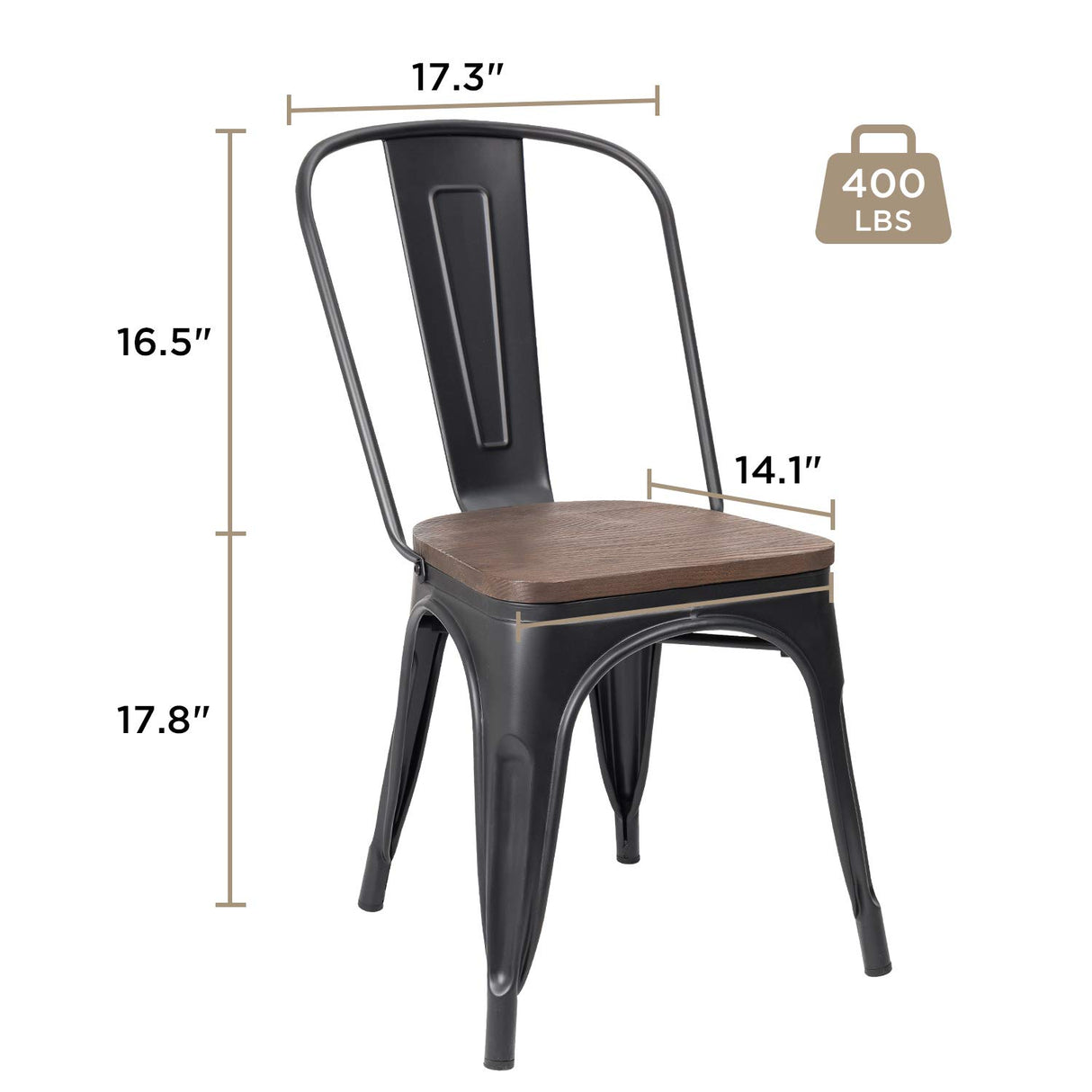 JUMMICO Metal Dining Chair Stackable Industrial Vintage Kitchen Chairs Indoor-Outdoor Bistro Cafe Side Chairs with Back and Wooden Seat Set of 4 (Black) JUMMICO