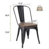 JUMMICO Metal Dining Chair Stackable Industrial Vintage Kitchen Chairs Indoor-Outdoor Bistro Cafe Side Chairs with Back and Wooden Seat Set of 4 (Black) JUMMICO