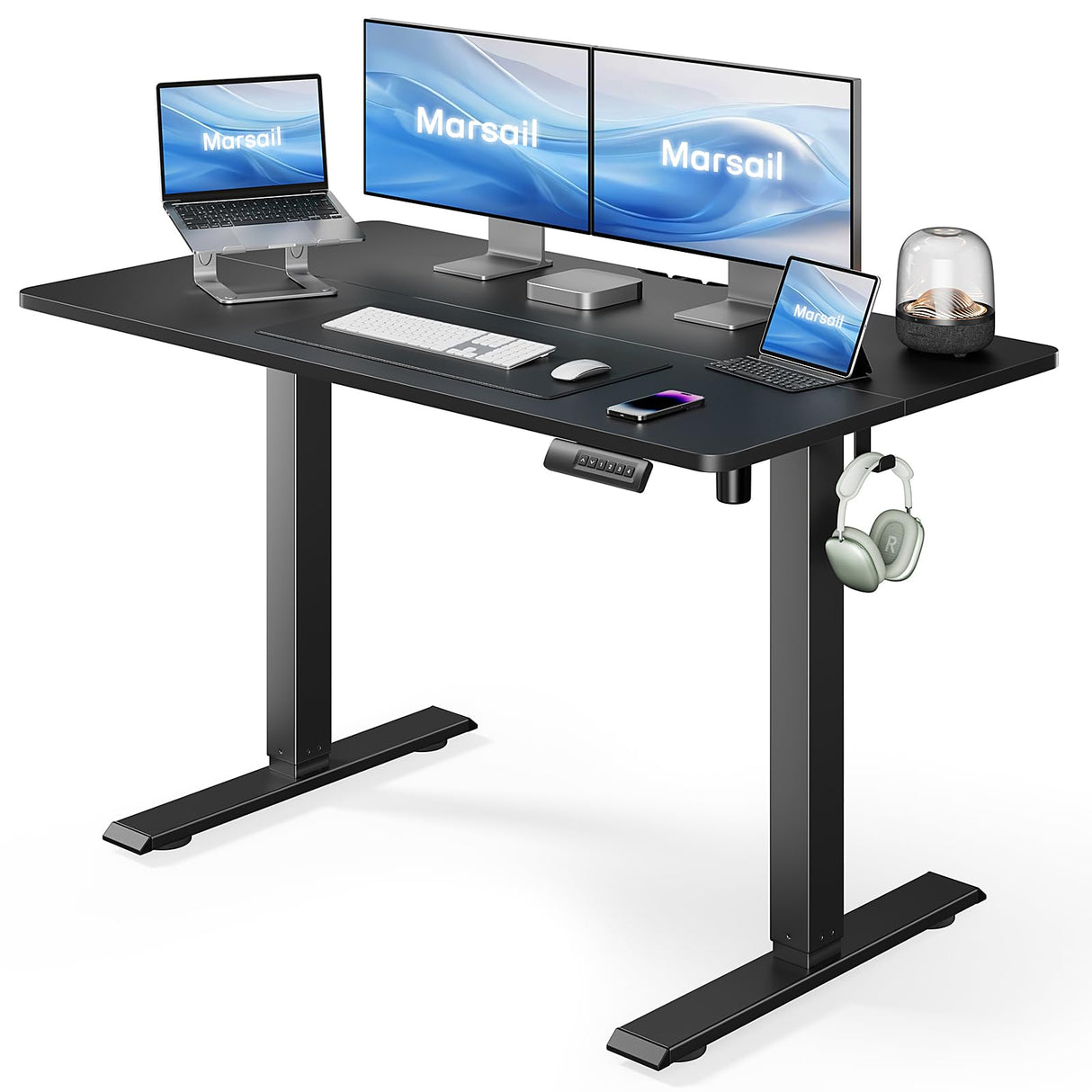 Marsail Standing Desk Adjustable Height Stand up Home Office Desk,‎ 48x24 Inch Electric Standing Computer Desk, with 4 Memory Presets, Headphone Hook, Cable Organizer, Black Marsail