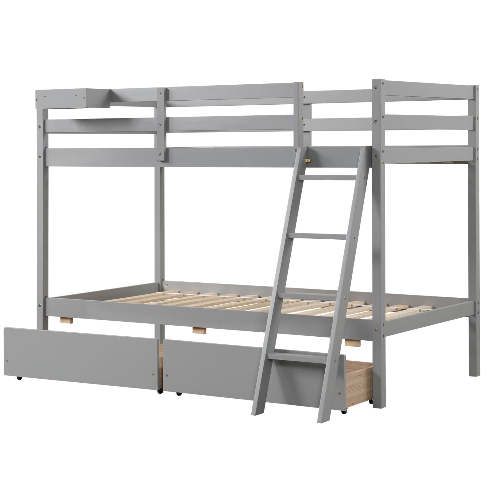 KOTEK Twin Over Twin Bunk Bed with Storage Drawers and Guardrails in Grey - WoodArtSupply