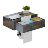 Toilet Paper Holder with Shelf,Wall Mount/Adhesive Rustic Farmhouse Toilet Paper Holder,Wipes Dispenser for Bathroom,Wood Toilet Roll Holder with Storage Drawer(Brown) SUNLOVING