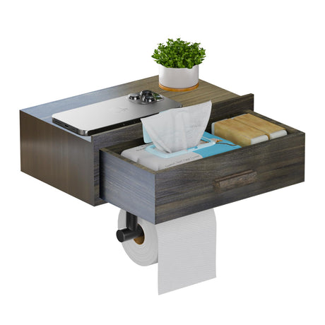 Toilet Paper Holder with Shelf,Wall Mount/Adhesive Rustic Farmhouse Toilet Paper Holder,Wipes Dispenser for Bathroom,Wood Toilet Roll Holder with Storage Drawer(Brown) SUNLOVING