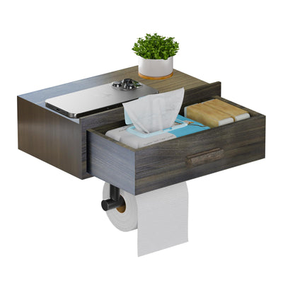 Toilet Paper Holder with Shelf,Wall Mount/Adhesive Rustic Farmhouse Toilet Paper Holder,Wipes Dispenser for Bathroom,Wood Toilet Roll Holder with Storage Drawer(Brown)