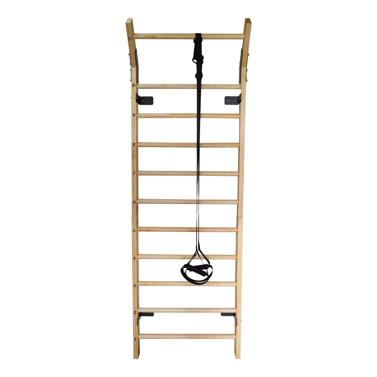 Swedish Ladder Wood Stall Bar Suspension Trainer – Physical Therapy & Gymnastics Ladder w/ 11 Strategic Rods and Training Strap. Solid Pine.