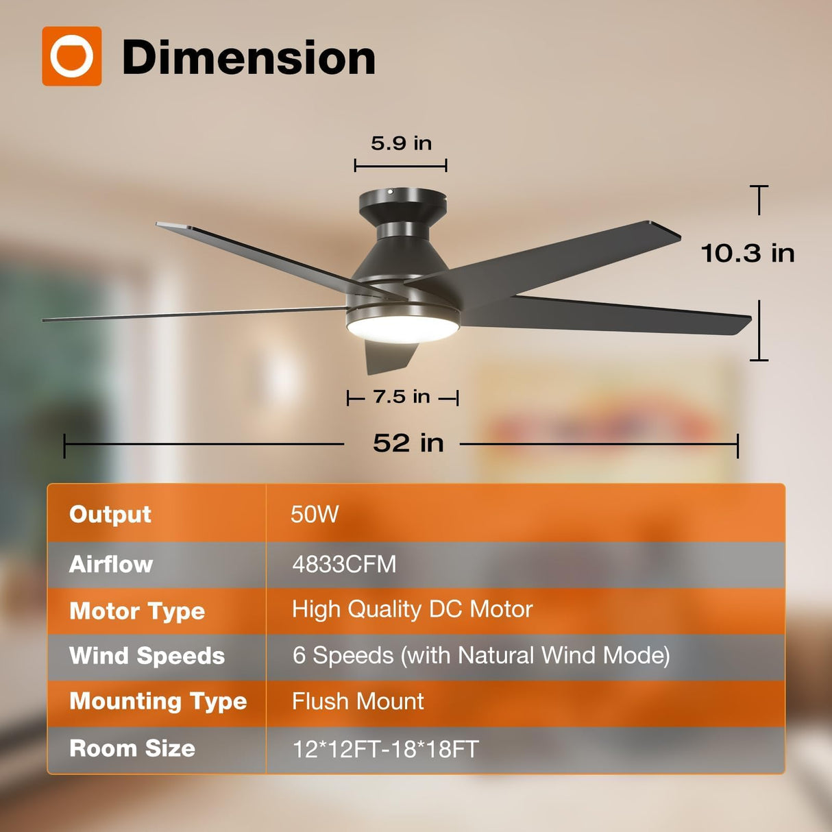 addlon Ceiling Fans with Lights, 52 inch Low Profile Ceiling Fan with Light and Remote Control, Flush Mount, Reversible, 3CCT, Dimmable, Noiseless, Black Ceiling Fan for Bedroom, Indoor/Outdoor Use addlon
