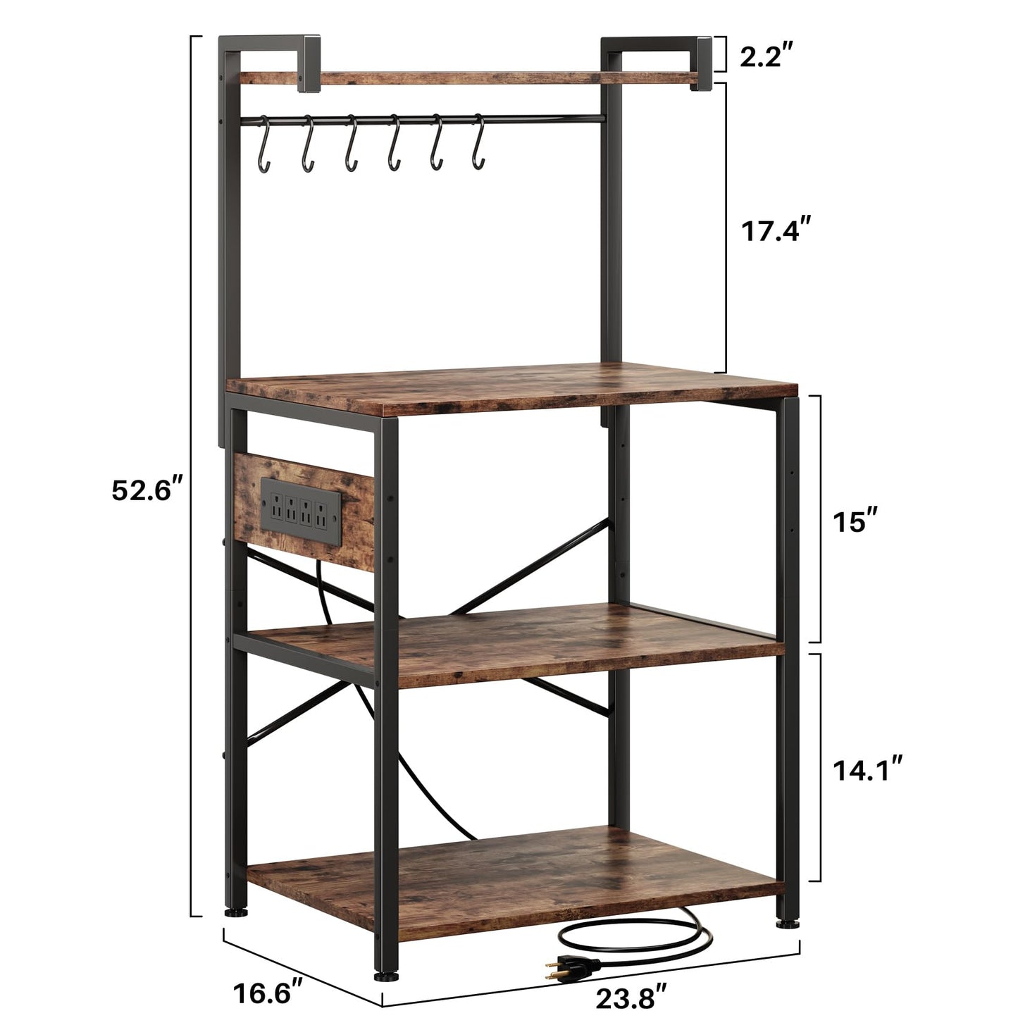 Standing Baker's Rack Coffee Bar Table - 4 Tiers Kitchen Microwave Stand with 6 Hooks, Kitchen Storage Shelves Rack，Rustic Brown