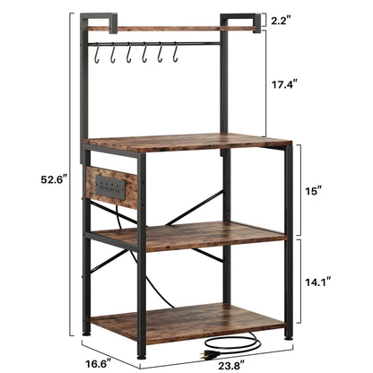 Standing Baker's Rack Coffee Bar Table - 4 Tiers Kitchen Microwave Stand with 6 Hooks, Kitchen Storage Shelves Rack，Rustic Brown