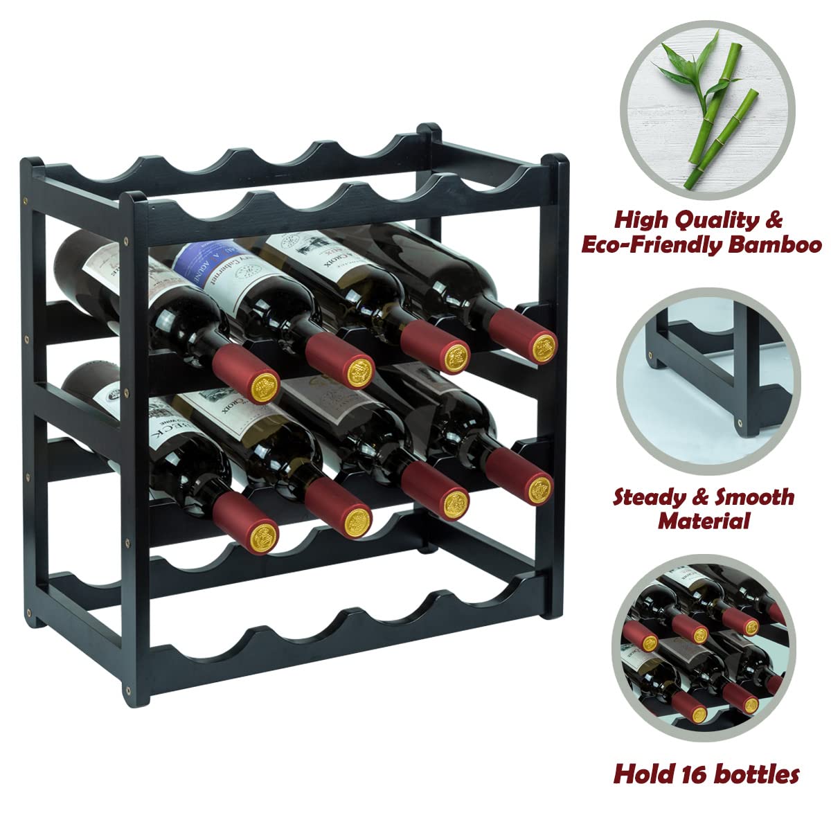 Homevany Bamboo Wine Rack, Sturdy and Durable Wine Storage Cabinet Shelf, Wine Racks Countertop for Pantry - 4 Tiers 16 Bottle Wine Rack Black Homevany