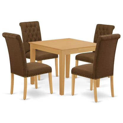 East West Furniture OXBR5-OAK-18 Oxford 5 Piece Room Furniture Set Includes a Square Dining Table and 4 Brown Linen Fabric Upholstered Chairs, 36x36 Inch - WoodArtSupply