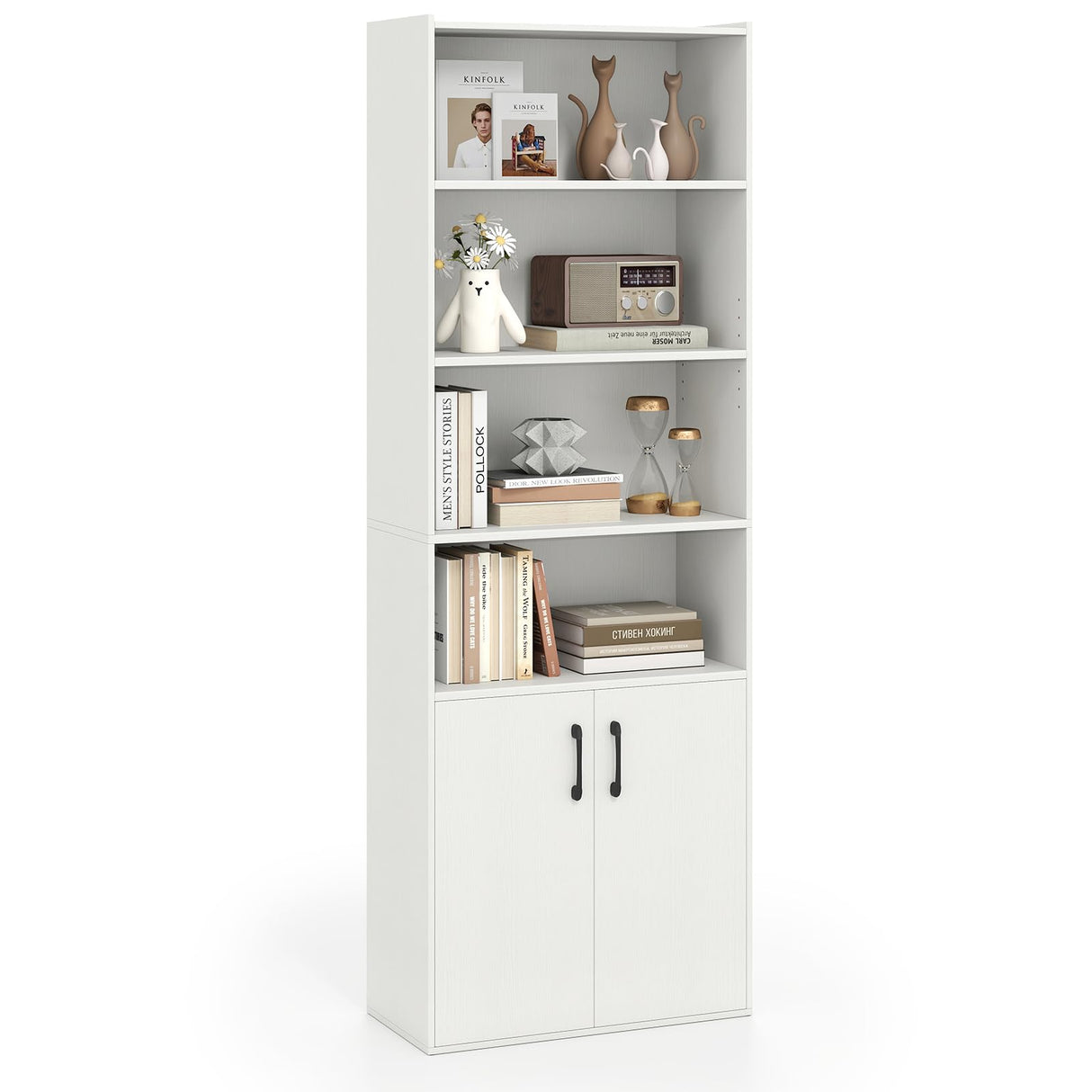 Giantex 70" Bookcase with 2 Doors, 6-Tier Modern Bookshelf w/Cabinet, Elegant Storage Cabinet, Adjustable Shelves, Multipurpose Display Rack, Storage Organizer for Living Room Bedroom Study (White) Giantex