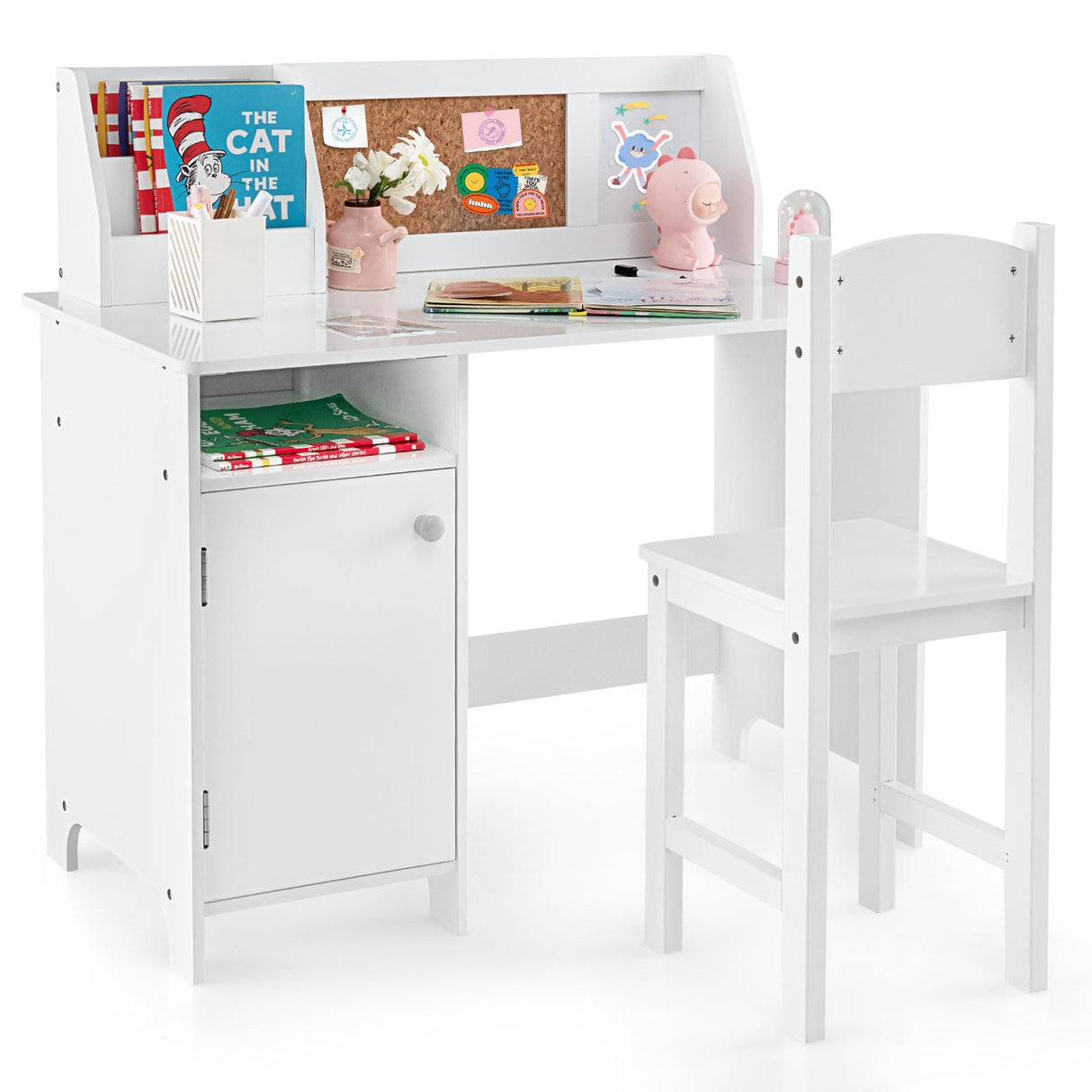 HONEY JOY Kids Desk and Chair Set, Wooden Children School Study Table and Chair w/Whiteboard, Hutch, Storage Shelves, Student Writing Desk Computer Workstation for Bedroom, 3+ Years Old (White) HONEY JOY