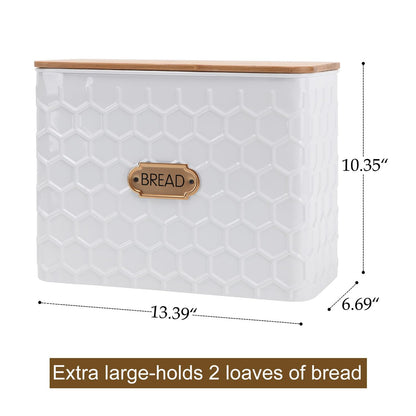 NIKKY HOME Extra Large Space Saving Farmhouse White Bread Box With Bamboo Lid - Holds 2 Loaves - Vertical Breadbox Bread Storage Bin Holder for Kitchen Countertop, Honeycomb Embossed Pattern