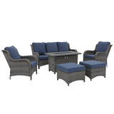 SUNSITT Outdoor Furniture Set with Fire Pit Table Wicker Patio Conversation Set 6-Piece Patio Sectional Furniture Set with Gas Firepit Grey Wicker & Denim Blue Cushion for Garden, Porch, Backyard SUNSITT