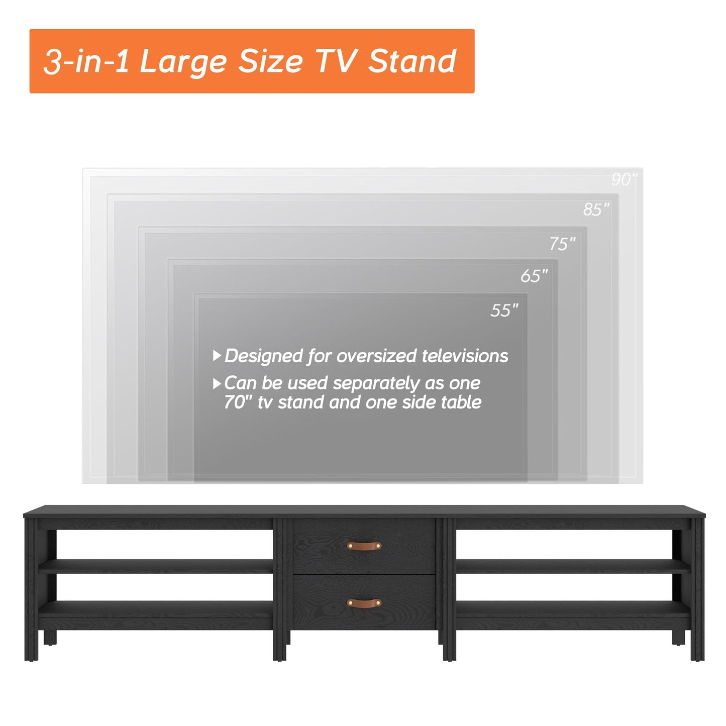 WAMPAT Farmhouse TV Stand for 85 Inch TV, Wood Entertainment Center for 80 90 100 inch TV Console Table with 4 Cubby Storage & 2 Drawers for Living Room Bedroom, Black