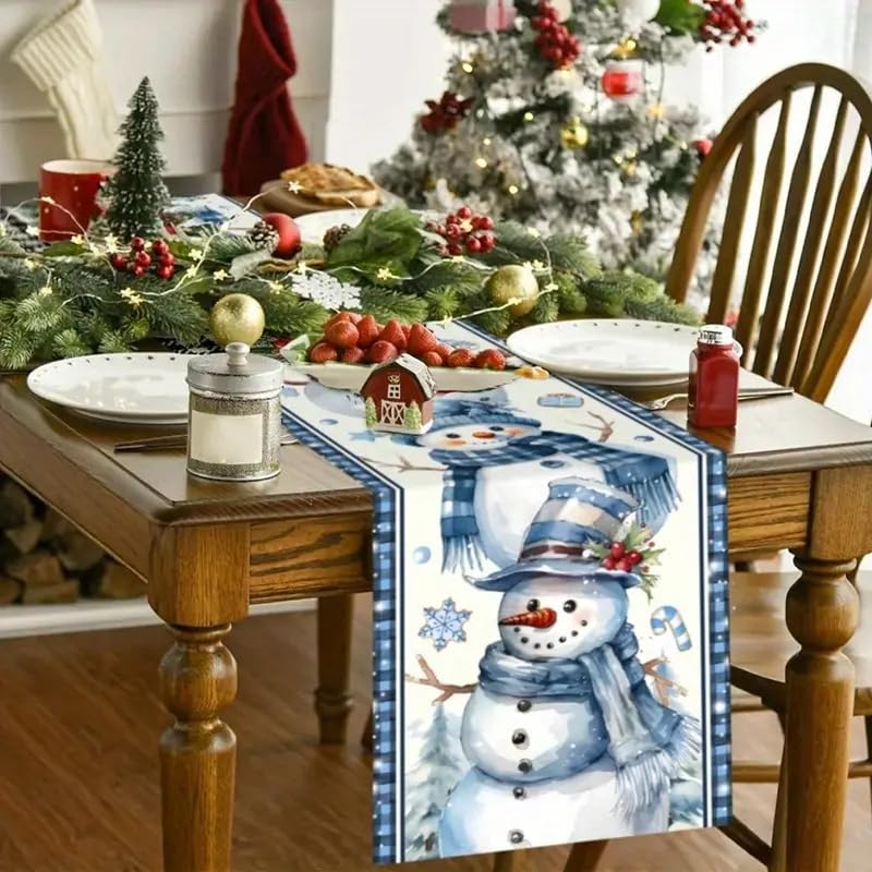 Cute Blue Snowman Table Runner Christmas Tablecloth Linen Holiday Xmas Tablecloths for Kitchen Dining Room Study Room Table 13x72 Inch Generic