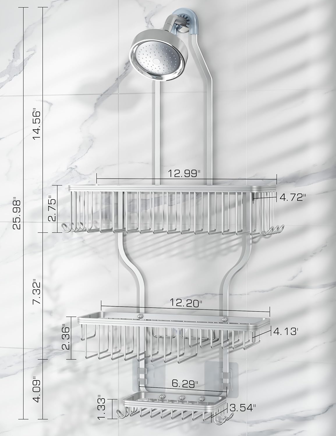 YASONIC Shower Caddy Hanging - Never Rust Shower Organizer - Aluminum Over The Head Caddy with 10 Hooks for Razor/Sponge - Rack with Soap Basket - Silver YASONIC