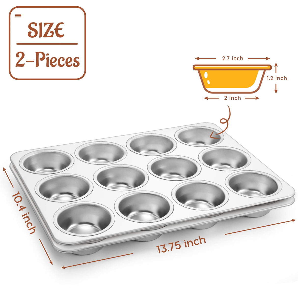 P&P CHEF Muffin Pan Cupcake Baking Pan Set of 2, 12 Cups Muffin Tin Tray, Stainless Steel Muffin Pans for Baking Mini Cake Muffin Tart Quiche, Oven & Dishwasher Safe, Non-toxic & Heavy-duty P&P CHEF