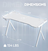 Dowinx Gaming Desk with LED Lights, RGB Gaming Computer Table with Carbon Fibre Surface, LED Home Office Desk with Remote Control, Pc Workstation with Cup Holder and Headphone Hook, 63 Inch, White Dowinx