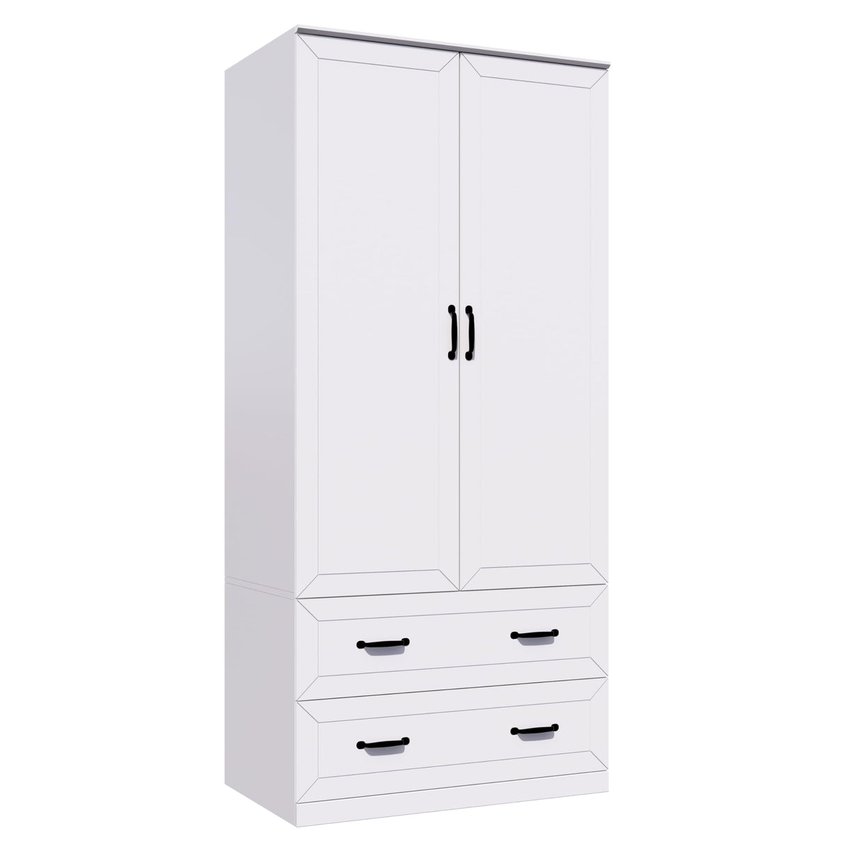 NewBeth 71" Wood Armoire Wardrobe Closet with 2 Doors and 2 Drawers, Clothes Storage Organizer Cabinets with Hanging Rod Freestanding Wardrobe for Bedroom, White (Style 2) NewBeth