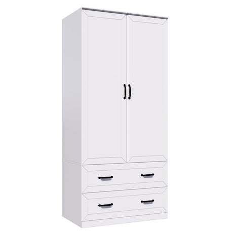 NewBeth 71" Wood Armoire Wardrobe Closet with 2 Doors and 2 Drawers, Clothes Storage Organizer Cabinets with Hanging Rod Freestanding Wardrobe for Bedroom, White (Style 2) NewBeth