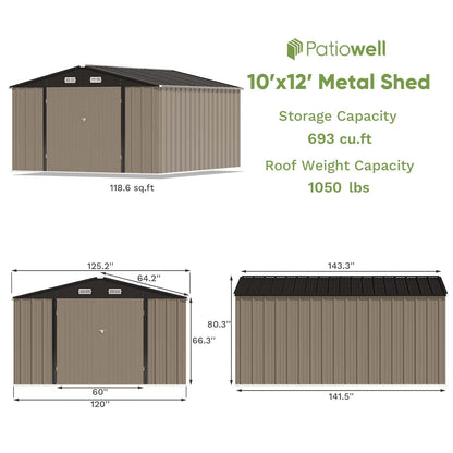 Patiowell 10 x 12 FT Metal Storage Shed for Outdoor, Steel Yard Shed with Design of Lockable Doors, Utility and Tool Storage for Garden, Backyard, Patio, Outside use - WoodArtSupply