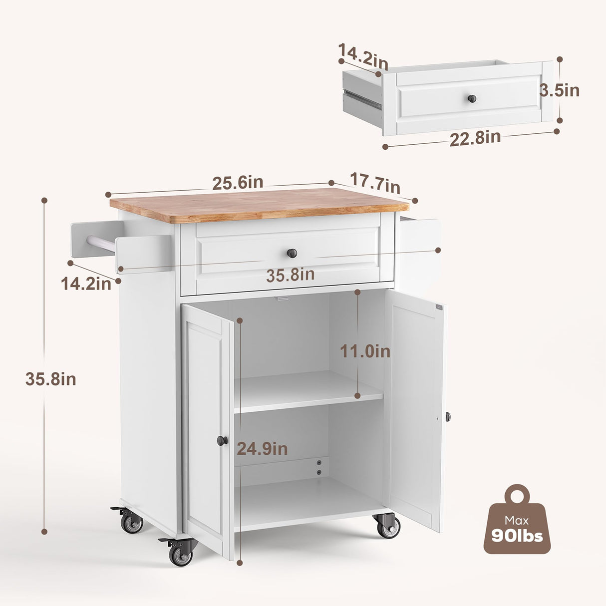 Gizoon White Kitchen Island Cart with Adjustable Shelves, Drawer, and Movable Wheels Gizoon