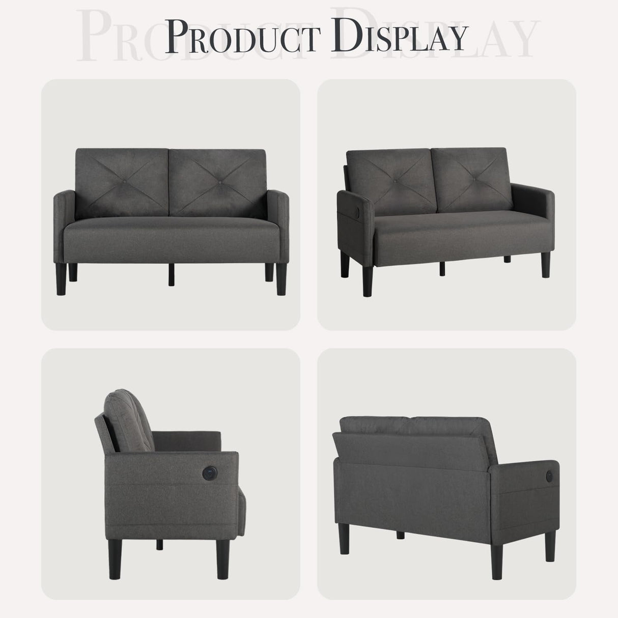 CHYMSUN 56" W Loveseat Sofa, Mid Century Modern Sofa Couch w/ 2 USB & Side Pocket, Small Love Seat Sofas for Living Room, Tufted Couches for Small Spaces, Bedroom, Office, Apartment (1, Dark Grey) CHYMSUN