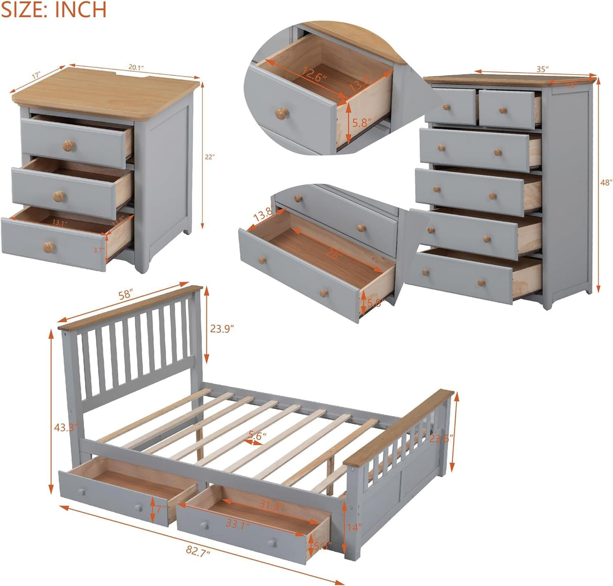 Merax 3-Piece Full Bedroom Furniture Set, Wooden Bedroom Set with Full Size Storage Platform Bed, 3- Drawer Nightstand and 6-Drawer Storage Chest (Gray+Natrual) Merax