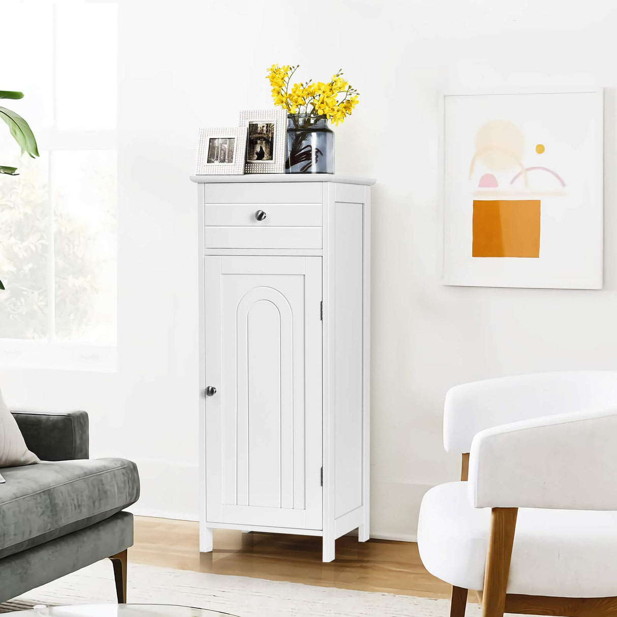 Tangkula White Wooden Bathroom Floor Cabinet with Large Drawer and Adjustable Shelves Tangkula