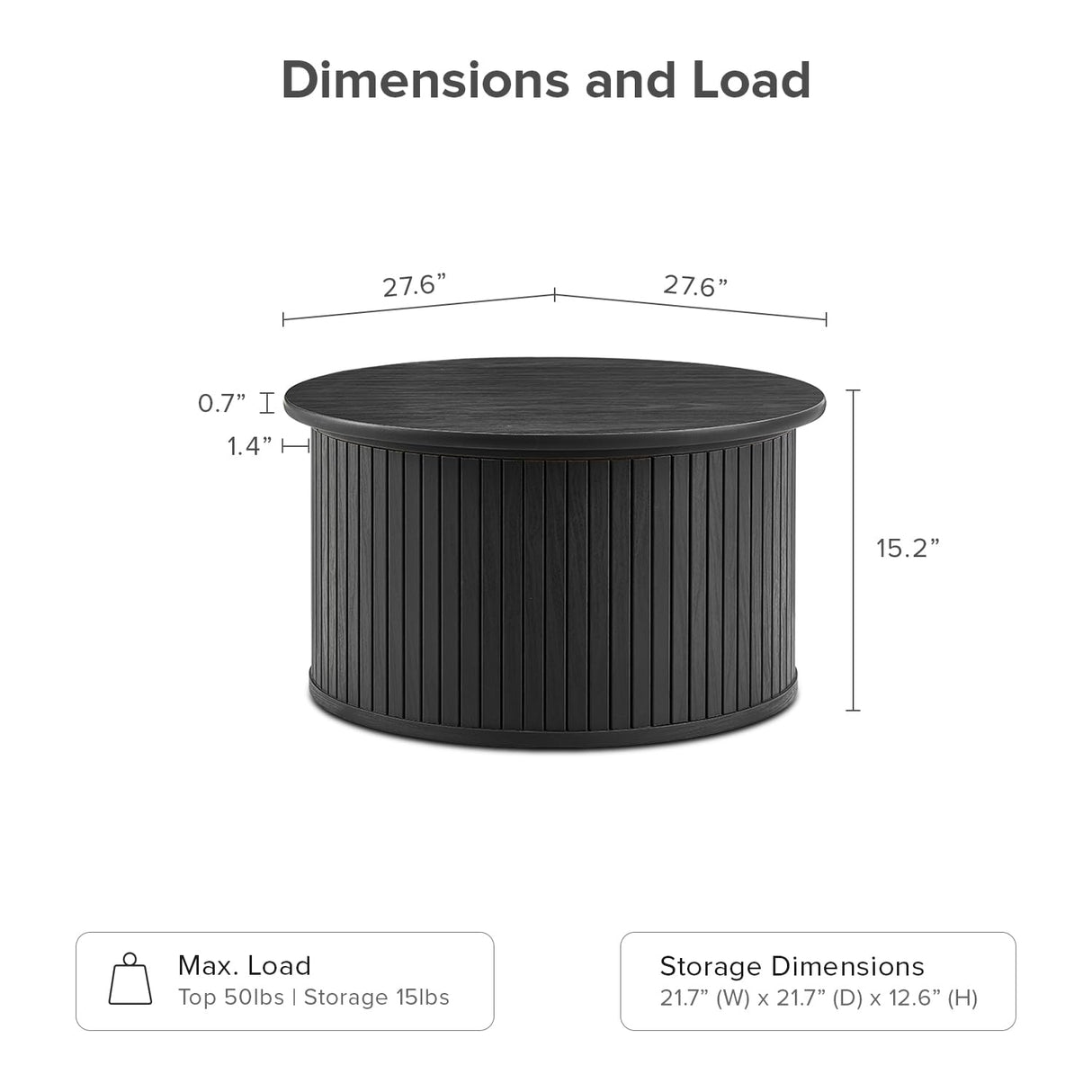 mopio Quin Round Fluted Coffee Table, Tambour Circle Living Room Table, Mid Century Modern Wood Coffee Table with Storage, Drum Center Table with Removable Lid, Accent Tea Table (Black) mopio