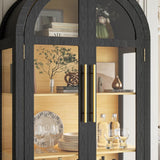 EOAWE Arched Curio Cabinet with Glass Doors, 4-Tier Display Cabinet with 2 Drawers, Tall Bookcase with 3 Color Lights, Display Case, Kitchen Pantry, Black+Wood EOAWE