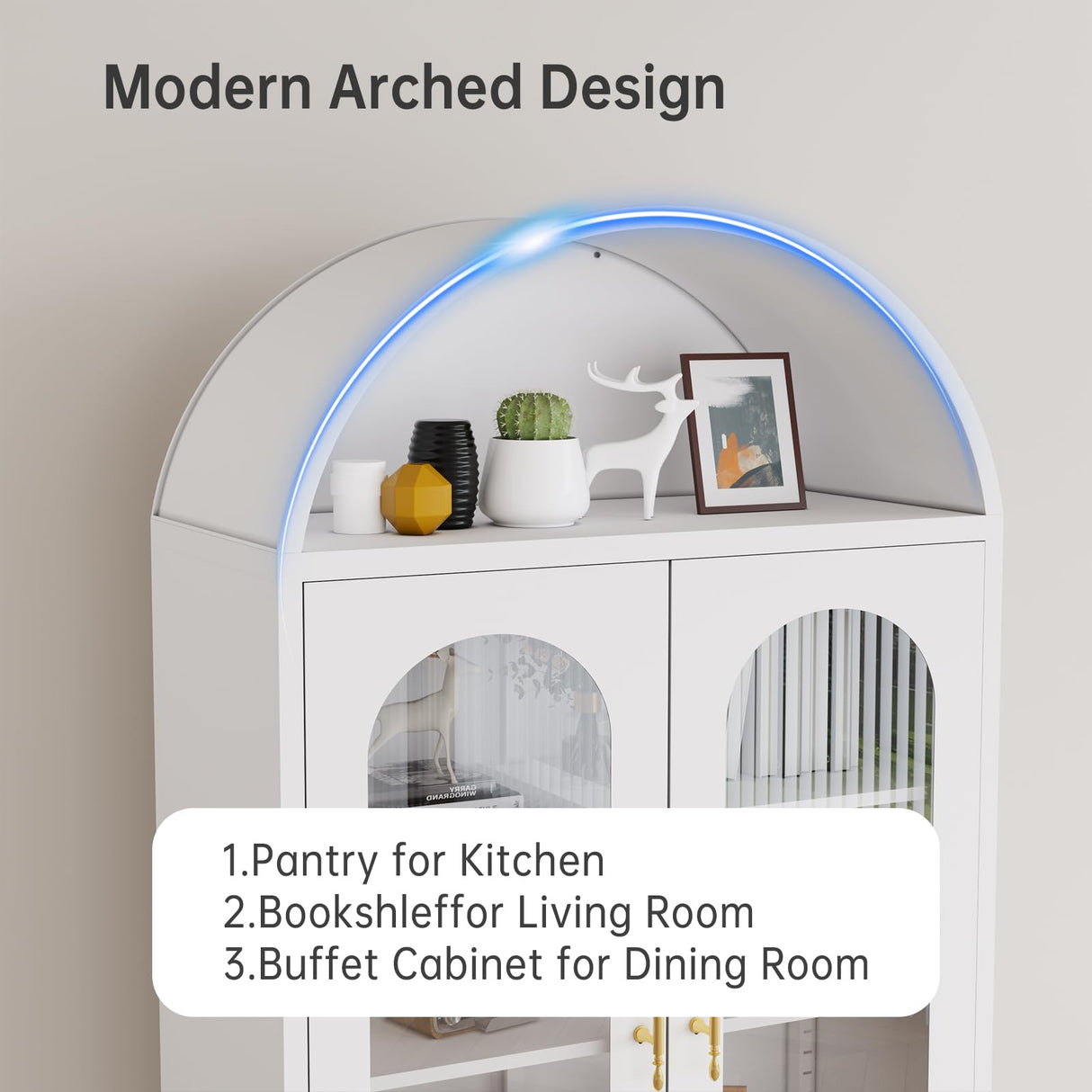 73" Metal Tall Arched Kitchen Pantry Cabinet,Arched Cabinet,Arched Bookshelf China/Curio Cabinet Farmhouse Kitchen Storage Cabinets with 4 Doors&3 Adjustable Shelves,Glass Door for Kitchen,Dining Room AUEYTVR