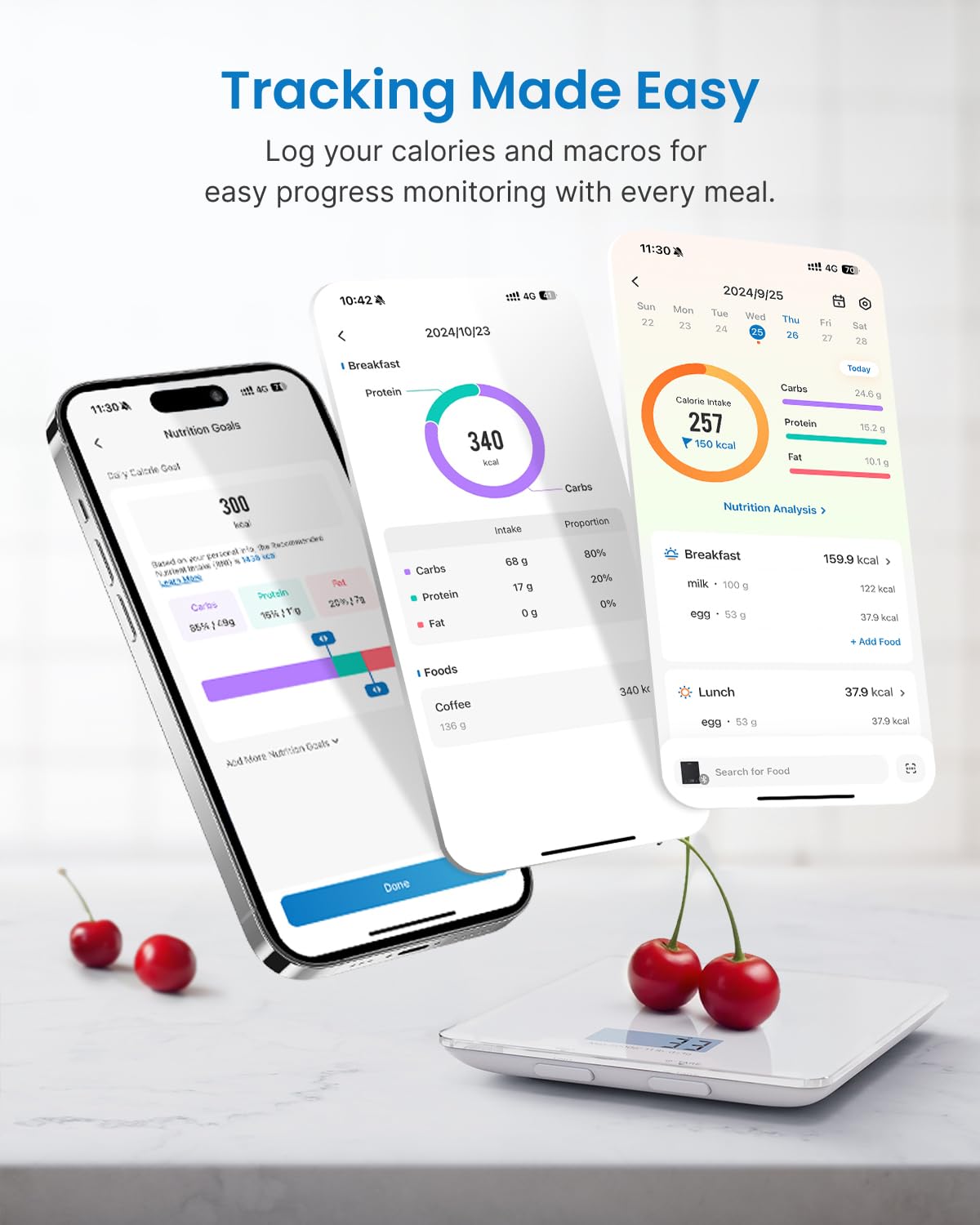 RENPHO Food Scale with Nutritional Calculator, Digital Kitchen Scale for Weight Loss, Smart Food Weight Scale with App for Macro Keto Calorie Cooking, Grams and Ounces, White, 11lb/5kg RENPHO