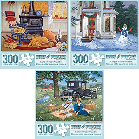 Bits and Pieces – Value Set of Three Large 300 Piece Jigsaw Puzzles for Adults – Seasons Themed Jigsaw Puzzles Designed by Artist John Sloane, Completed Puzzle Size: 18" x 24" Bits and Pieces