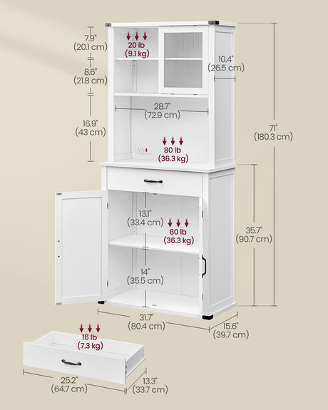 VASAGLE 71" Pantry Cabinet with Lights and Charging Station, Kitchen Pantry Cabinet with Doors and Drawer, Farmhouse Storage Cabinet, Coffee Bar VASAGLE