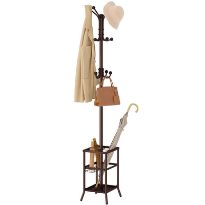 FAVOOSTY Coat Rack Freestanding,Coat Rack Stand with Umbrella Holder,Metal Coat Rack with 12 Hooks,Tree Clothes Hat for Entryway,Hallway,Living Room,Bedroom, Office To Hang Clothes-Brown