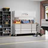 72 Inch Garage Tool Cabinet with 15 Drawers, Garage Workbench/Storage Cabinet, Rolling Toolbox Stainless Steel Tool Bench with Locking System, Metal Construction, Workshop/Garage/Home GAOMON