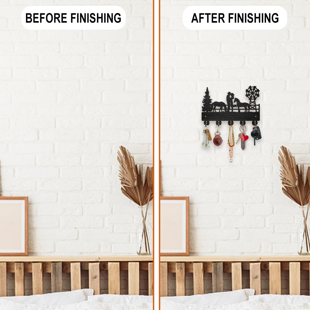 MAYJOYDIY Wood Cowboy Horse Farm Coat Hooks Farmhouse Cowgirl Windmill Key Holder for Wall 11.8×7.9inch Wall Art Decor Gift Black Wall Key Rack Organizer 5 Alloy Hooks for Bedroom Kitchen Entryway MAYJOYDIY