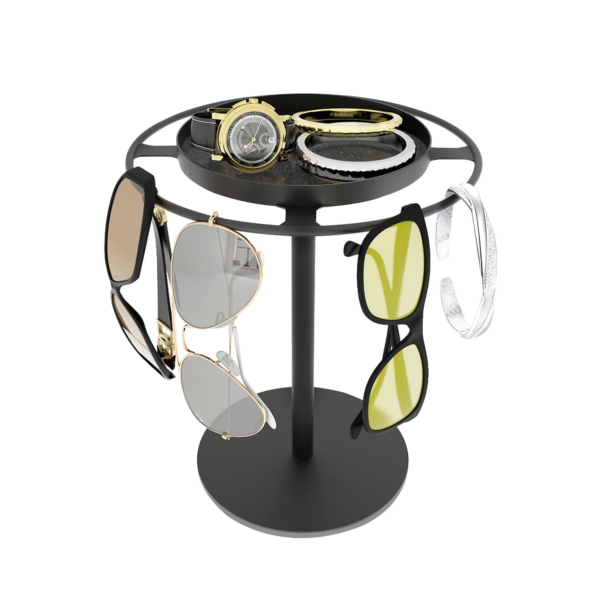 LSK Metal Sunglasses Organizer, Glasses Holder Stand with Storgae Tray, Eyeglasses Holder with Anti-Slip Pads for Tabletop, Desk, Dresser, Matte Black LSK