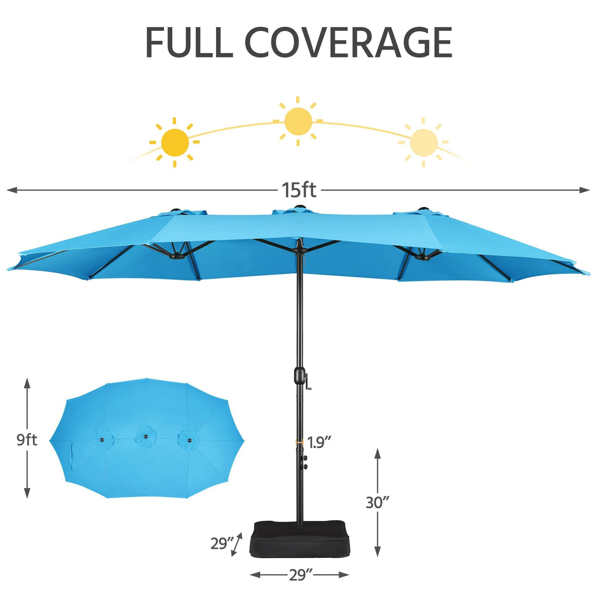 Yaheetech 15 ft Triple-size Patio Umbrella w/Base Included - Market Extra-Large Double Sided Umbrella - Twin-size Patio Parasol w/Easy Crank & 12 Strong Ribs & Ventilation Openings,Sky Blue Yaheetech