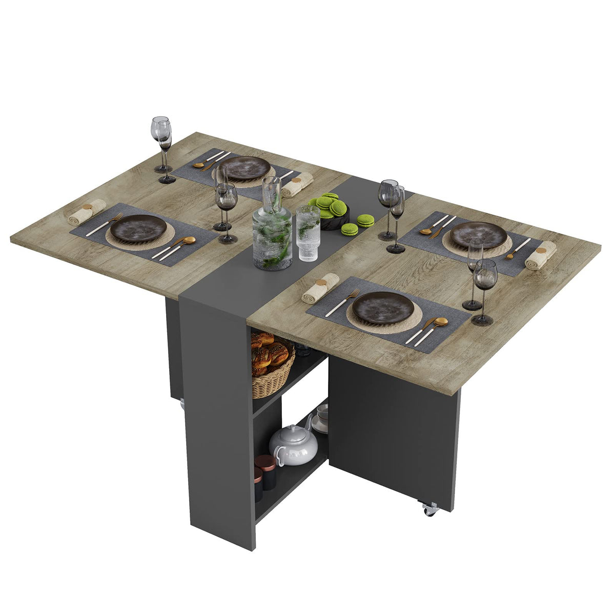 Tiptiper Folding Dining Table with 2 Storage Racks, Drop Leaf, 6 Wheel ...